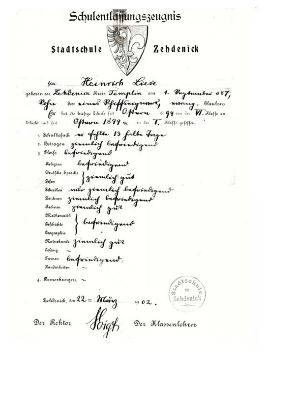 Schulentlassungszeugnis. Heinrich Liese. Zehdenick (Oberhavel).22.03.1902