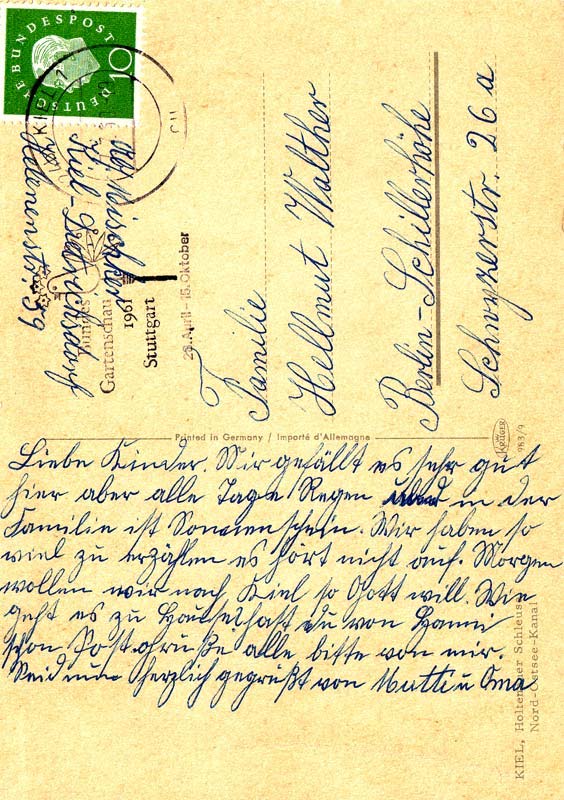 Postkarte von Großmutter Martha Röhrig.Kiel. 7.7.1960